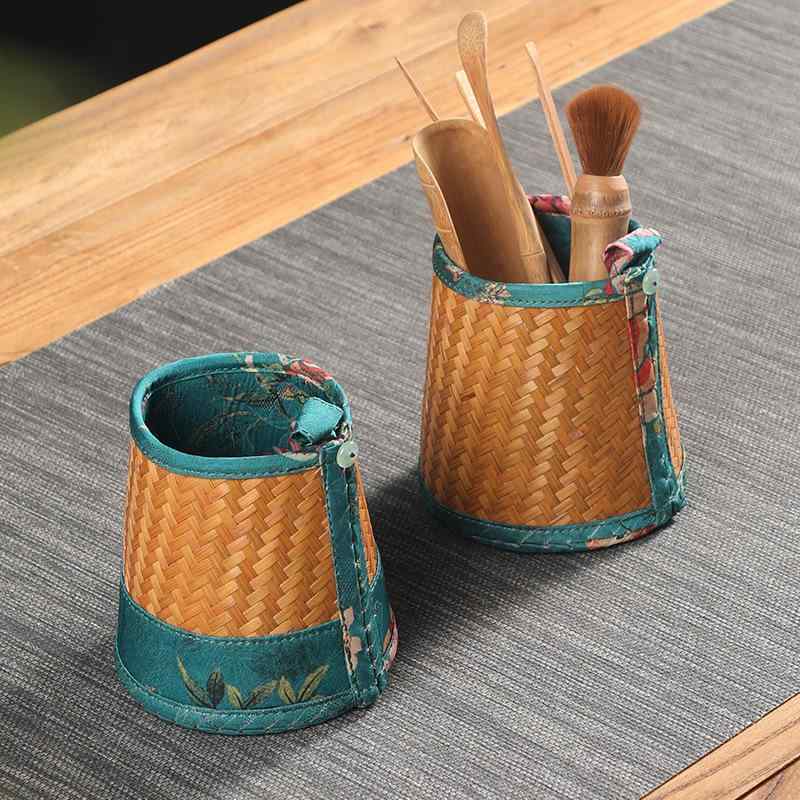 茶筒 茶入れ 筆筒 ペンスタンド 手作り 竹細工 漆塗り 錦織り レトロ クラシック 中華風 アジアン 茶道具 茶器 収納ケース 小物入れ デスクトップ オフィス インテリア雑貨