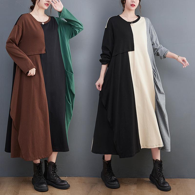 ワンピース レディース 秋冬 ビッグサイズ ゆったり オーバーサイズ リラックスフィット ニット 綿 コットン 切り替え 配色 バイカラー アシンメトリー ミドル丈 ミモレ丈 長袖 ラウンドネック クルーネック レトロ 大人カジュアル 普段使い 通勤 ブ