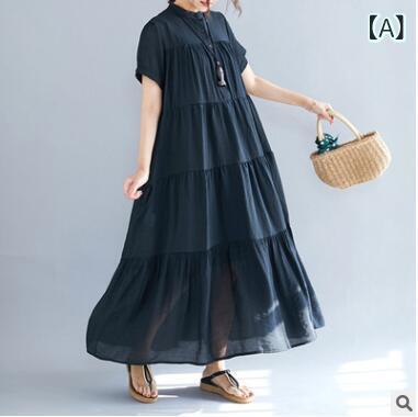 ワンピース レディース 春夏 韓国風 ゆったり プラスサイズ 無地 プリーツ Aライン シフォン ポリエステル 体型カバー ラウンドネック 普段使い お出かけ ブラック
