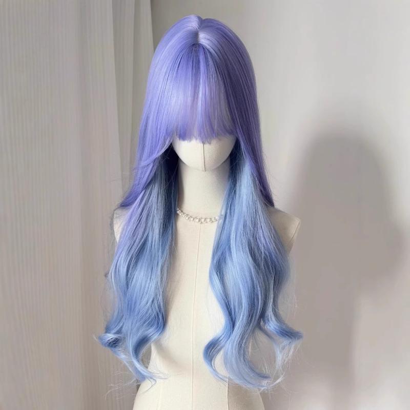 フルウィッグ 女性用 レディース かつら ロリータ グラデーション ブルー パープル 耐熱ファイバー ロング カールヘア 巻き髪 ふんわり ボリューム 大波ウェーブ 前髪あり 自然 ナチュラル 普段使い コスプレ イベント