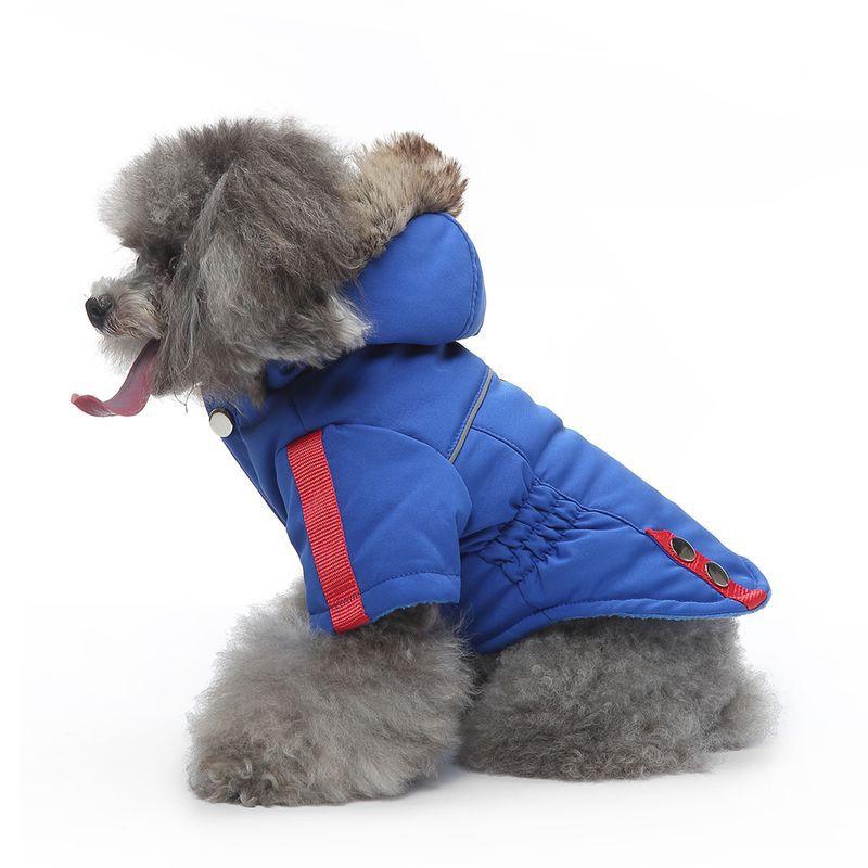 犬服 秋冬 ドッグウェア 防寒 ハーネス一体型 ベスト 中綿入り リード穴 反射材 リフレクター ファスナー開閉 ポリエステル素材 散歩 お出かけ 寒さ対策 レッド ブルー カーキ