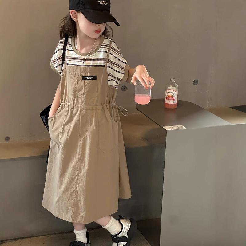 ワンピース 女の子 キッズ フェイクツーピース ドッキング サロペット ジャンパースカート ノースリーブ ゆったり ワークテイスト 切り替え 綿混 ストライプ 英字 カーキ Aライン 春夏
