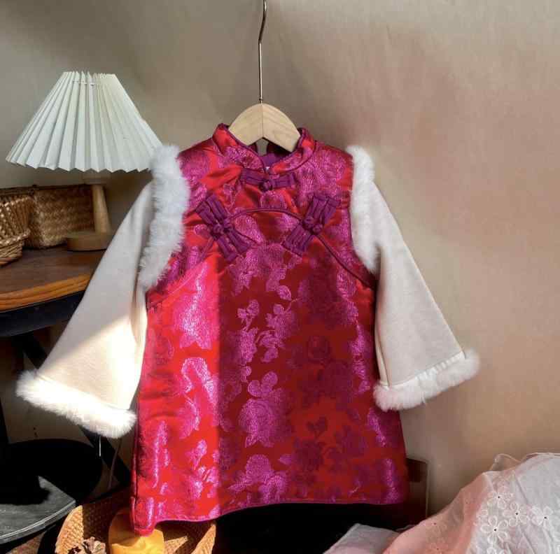 チャイナドレス 女の子 キッズ 子供服 ポリエステル 起毛 ふわふわ 中綿入り 防寒 ジャンパースカート ベスト風 花柄 ジャカード織り 上品 厚手 冬物 ローズピンク アプリコット お祝い セレモニー 普段使い