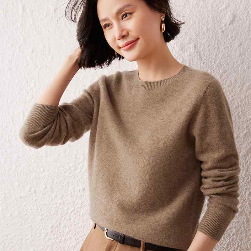 編み物 スウェーター レディース お上さん用 シームレス 原則として型 ラウンドのど首 カシミール 羊毛 混紡 長袖 ティーシャツ 無地 秋冬 ゆったり 伸び伸びする填まる トップス 御前上等感 通い 心地よい デイリー 執務室心地よい