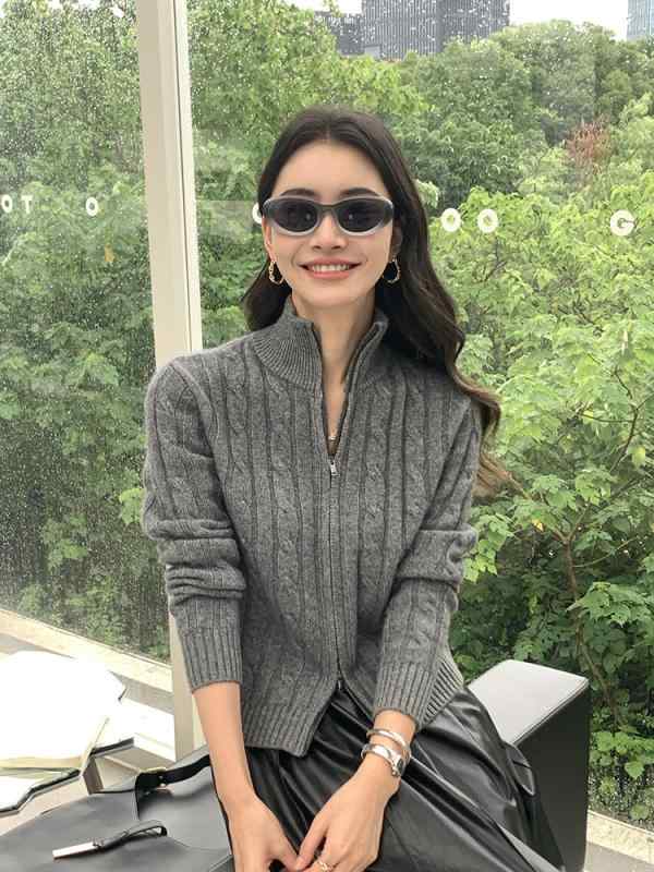 ニット レディース カシミヤ 肉厚 ダブルジップ カーディガン 羽織り 秋冬 無地 ハイネック ゆったり オーバーサイズ 肌触り 快適 保温性