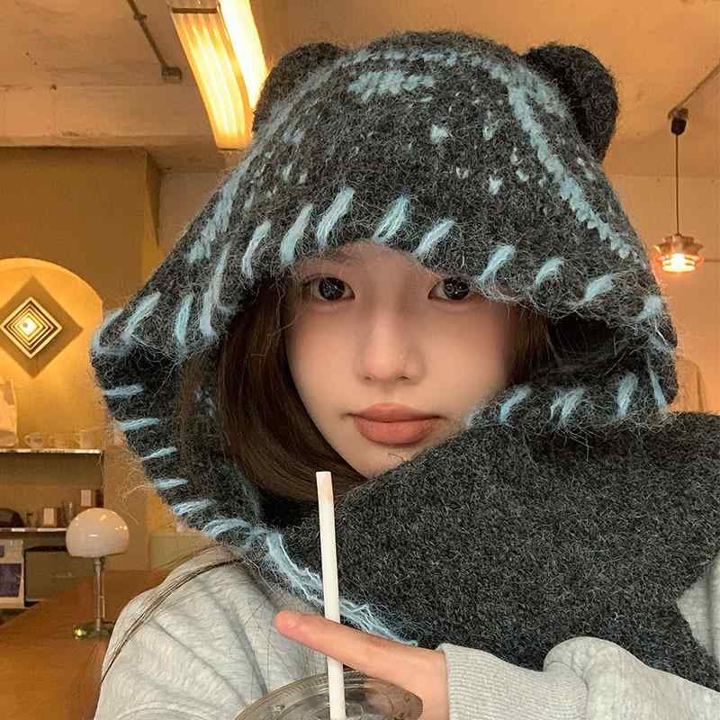 ニット帽 レディース かわいい クマ耳 マフラー一体型 厚手 保温 防寒 防風 耳当て 秋冬 韓国ファッション オルチャンスタイル