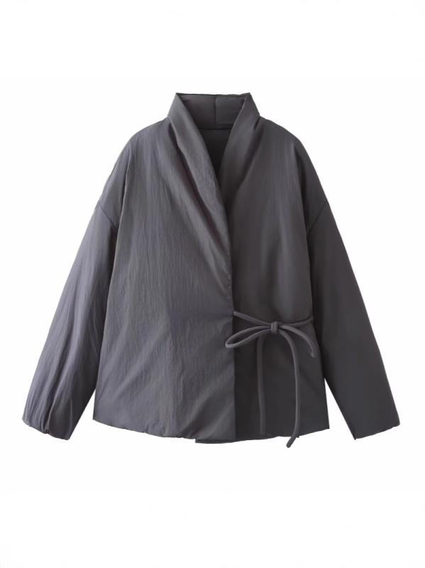 中綿ジャケット レディース 女性用 和服風 ガウン風 ゆったり オーバーサイズ 保温 防寒 ハーフスタンドネック プリーツ 秋アウター ポリエステル 中綿 ブラック グレー ワインレッド