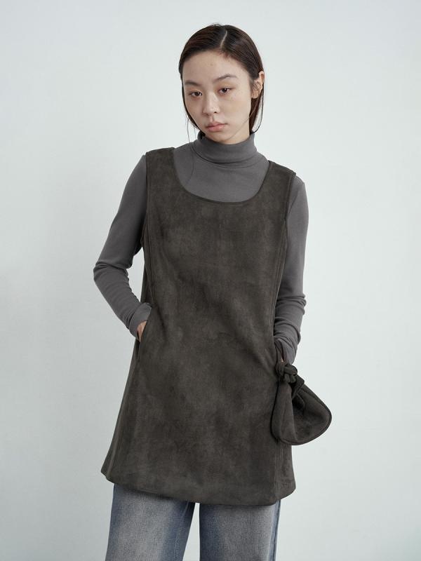 ワンピース レディース 女性用 秋冬 韓国ファッション Uネック ノースリーブ ミモレ丈 ジャンパースカート ウエストポーチ レイヤード 重ね着風 切り替え 個性的 ポリエステル 無地 カジュアル ゆったり