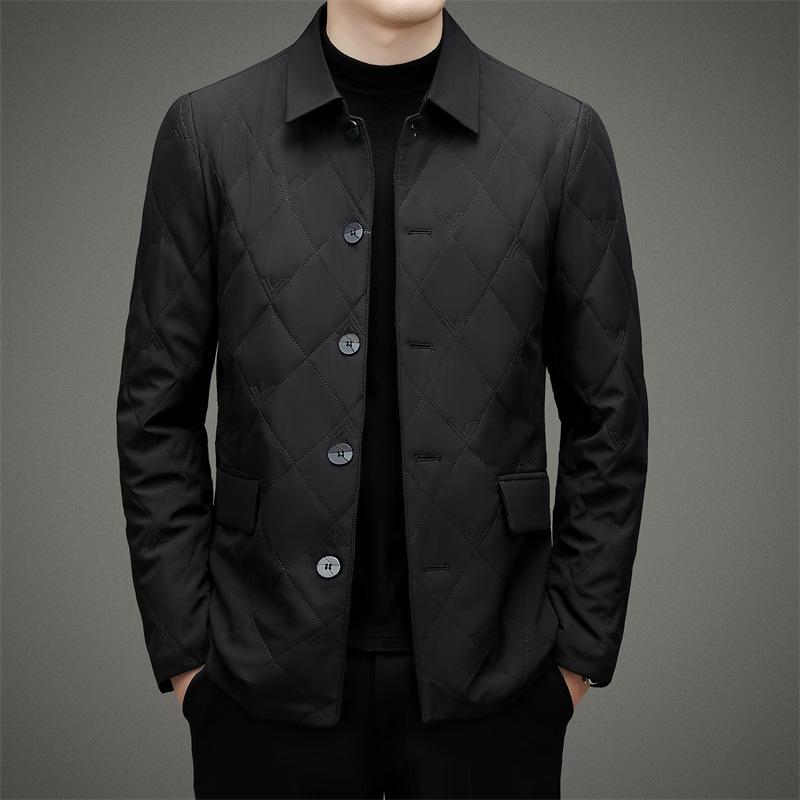 中綿ジャケット 男性用 冬物 ビジネス カジュアル 襟付き 保温 防寒 ミドル世代 お父さん向け ポリエステル中綿 シングルボタン 前開き スリムフィット リブ裾 普段使い 通勤
