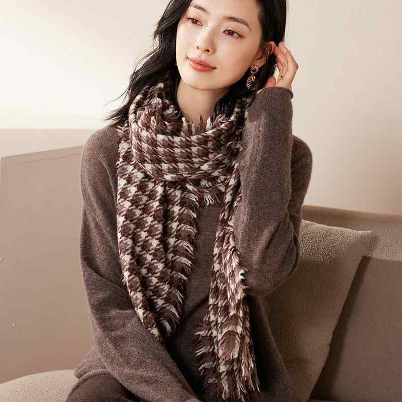 マフラー レディース カシミヤ 秋冬 織り フリンジ 千鳥格子 防寒 保温 ストール ショール 通勤 普段使い 上品 ロング丈 シンプル