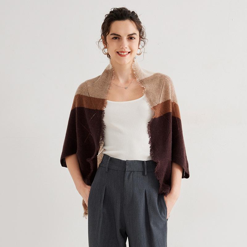 ショール マフラー レディース 女性用 カシミヤ 秋冬 春 2way ニット 保温性 暖かい 防寒 大判 ロング丈 マロンブラウン グレージュ 切り替えデザイン フェミニン 首元保護 おしゃれ