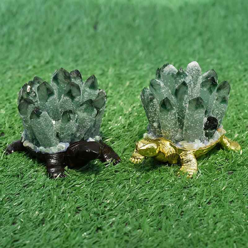 置物 天然緑水晶クラスター 金属合金 亀 卓上飾り デスク オフィス インテリア オブジェ モダンデザイン 風水 開運 長寿 縁起物 ヒーリングアイテム