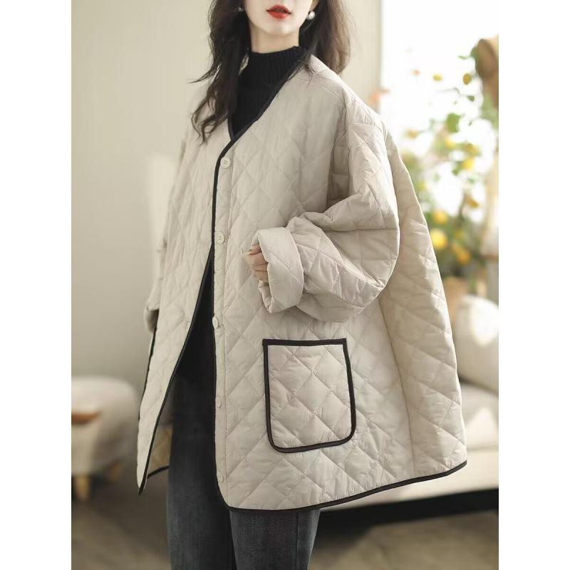 中綿ジャケット レディース 日韓風 秋冬 カジュアル 上品 無地 ドロップショルダー ゆったり 薄手 ポリエステル クルーネック ジップアップ ベージュ ブラック