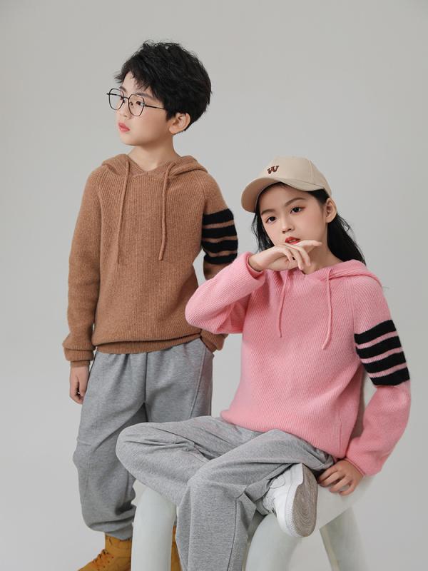 プルオーバー キッズ ピュアウール ボンネット付き添い人 長袖 ティーシャツ 編み物パーカー 秋冬 心地よい 生あたたかい ホンブルグ帽な手当たり お坊っちゃん お嬢さん さくら色 駱駝