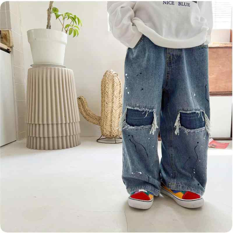 デニムパンツ キッズ 男の子 女の子 ベビー 春秋 韓国風 ダメージ加工 ペイント ワイドパンツ おしゃれ かわいい カジュアル 綿素材 柔らか素材
