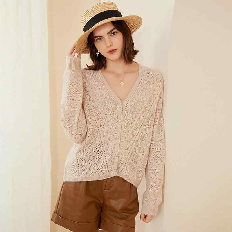 カーディガン レディース 女性用 純カシミヤ 春秋 透かし編み Vネック ゆったり ドロップショルダー 長袖 ニット 羽織り 中厚手 無地 エレガント 通勤 オフィス カジュアル|あじゅり