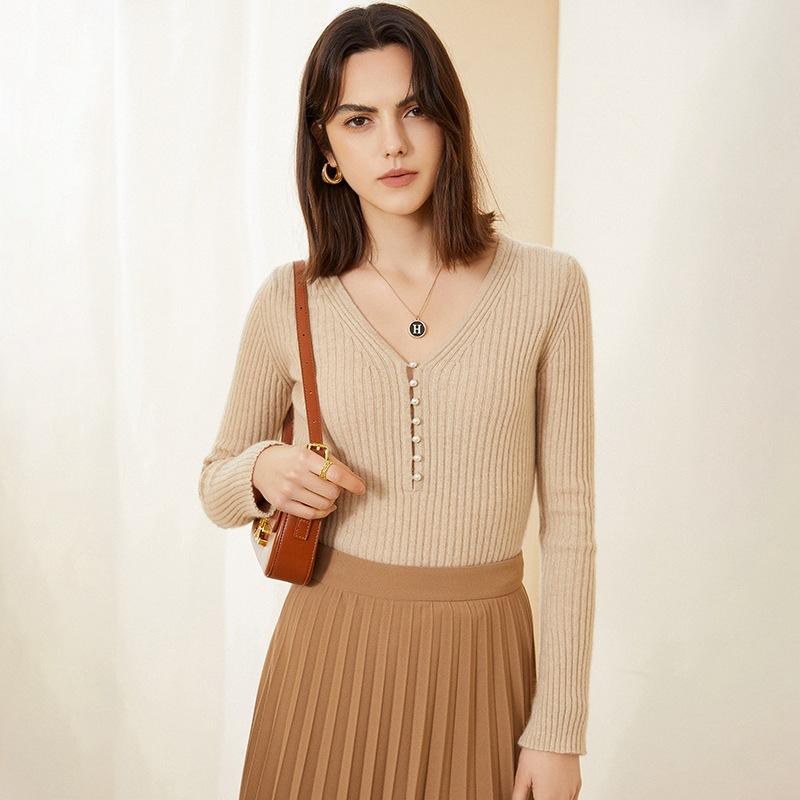 ニット レディース カシミヤ Vネック リブ編み スリムフィット ハイウエスト ショート丈 長袖 インナー 通勤 オフィス 春秋