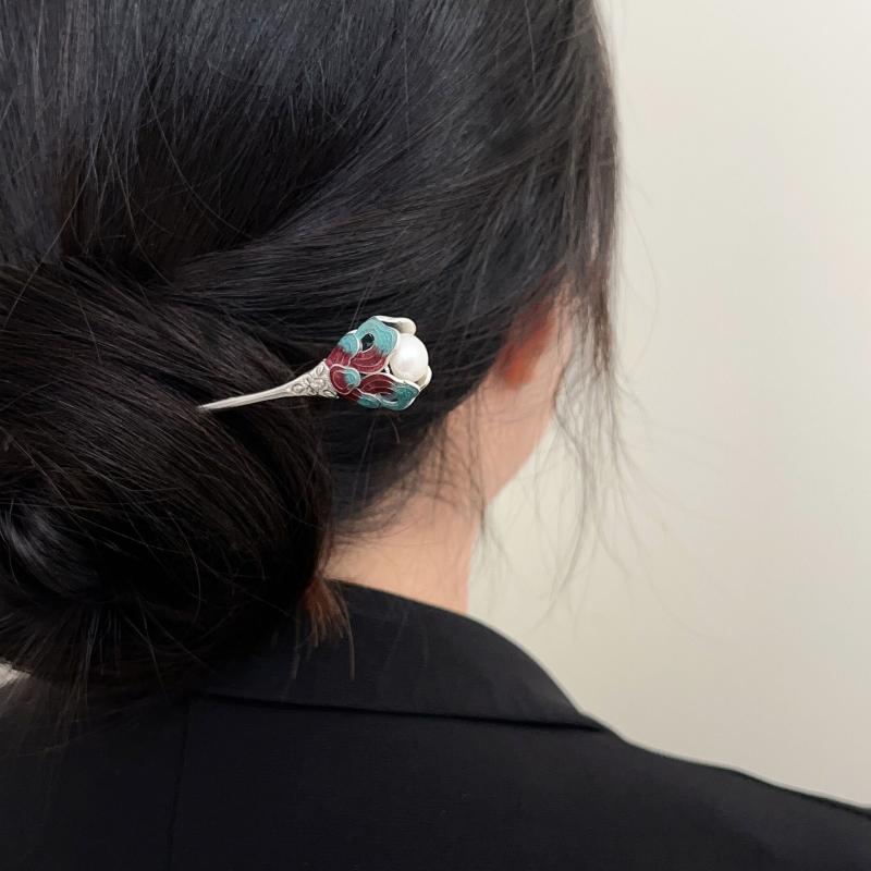 簪 s925純銀 景泰藍 琺瑯 パール 花 フラワーモチーフ レトロ アンティーク 宮廷 電気メッキ加工 高級感 和装 漢服 結婚式 パーティー 髪飾り