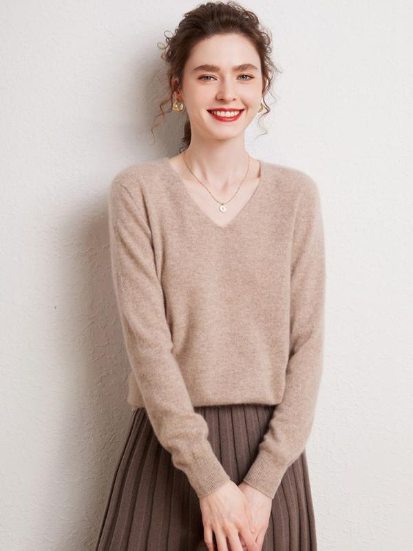 編み物 レディース 成人女性用 秋冬 カシミール V素っ首 長袖 ティーシャツ スウェーター 真っただ中ゲージ 肋筋編み 遊撃手丈 無地 ルーズフィット 肌理細か肌ざわり 好いたらしいめ トップス