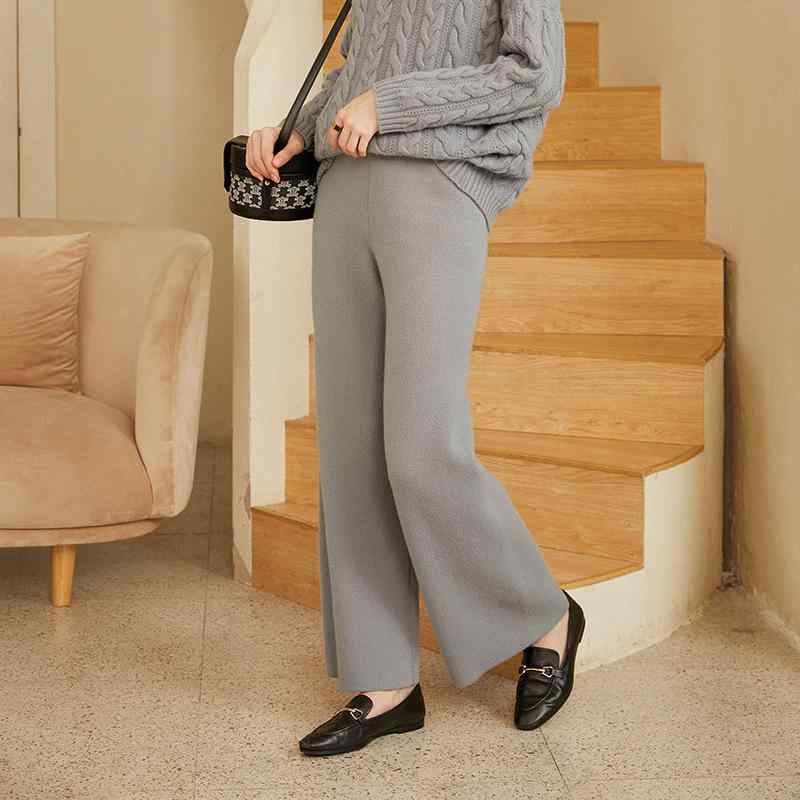 ワイドパンツ レディース 純カシミヤ ニット ハイウエスト ロング丈 厚手 暖かい 防寒 伸縮性 カジュアル 上品 通勤 オフィス 普段使い ベーシック 高級感 秋冬 ボトムス ブラック グレー｜あじゅり