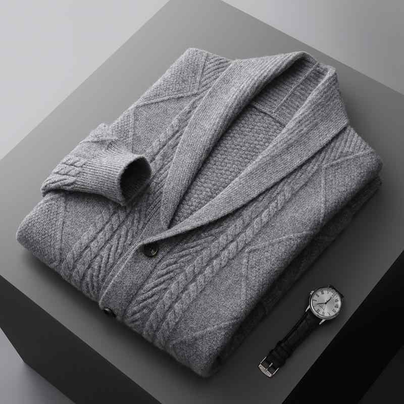 ニットカーディガン メンズ 秋冬 シャツ襟 厚手 ウール ケーブル編み ポケット付き 保温性 ゆったり 大きいサイズ カジュアル ミドル丈 耐久性 しわになりにくい グレー キャメル ブルー|あじゅり