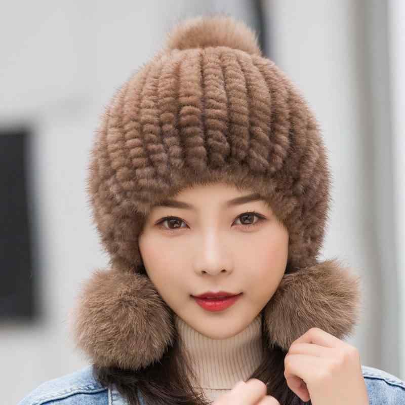 帽子 レディース 女性用 秋冬 ミンクファー ハット 耳当て付き 防寒 保温 防風 フォックスファー ポンポン かわいい カジュアル 上品 手編み
