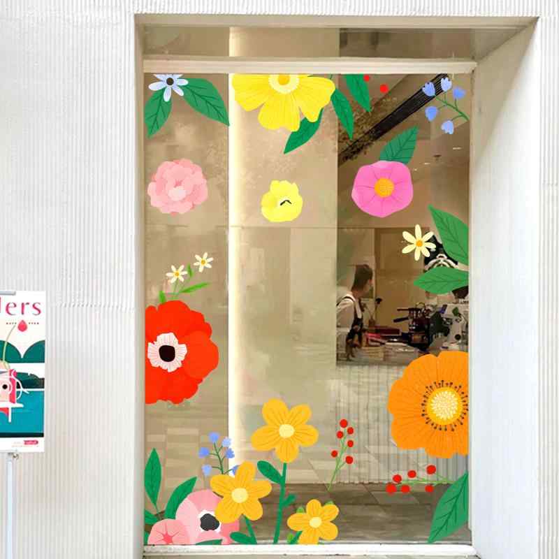ウォールステッカー ガラス扉用 静電吸着 シール シート SNS映え おしゃれ かわいい ボタニカル 植物 イラスト 花屋 子供服店 レストラン カフェ 店舗 ショーウィンドウ 窓 デコレーション 模様替え PVC 透明 貼り直し可能