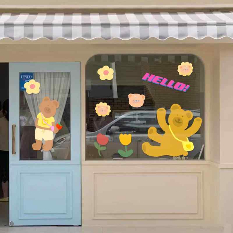 ウィンドウステッカー かわいい クマ キャラクター 韓国風 イラスト 店舗 ショーウィンドウ 窓ガラス 飾り デコレーション PVC 静電吸着 透明 シール