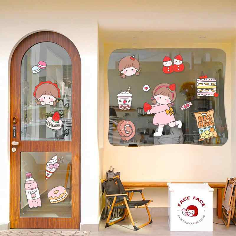 ウォールステッカー かわいい 女の子 イチゴ カフェ スイーツショップ 飲食店 店舗用 ガラス窓 ショーウィンドウ 窓飾り デコレーション 透明 カラフル 静電気式 防水 PVCシート 4,674円