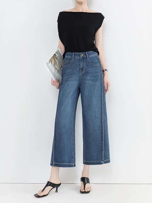 デニムパンツ レディース 小柄 ストレート ワイド 9分丈 ハイウエスト ブルー 薄手 コットン ストレッチ 梨型体型カバー 脚長効果 カジュアル きれいめ 春夏 ジーンズ