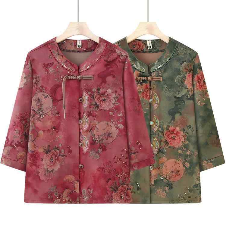 ブラウス 婦人服 シニア ミセス 七分袖 3/4スリーブ 花柄 刺・墸 チャイナ風 ゆったり 薄手 綿ポリエステル トップス 春夏