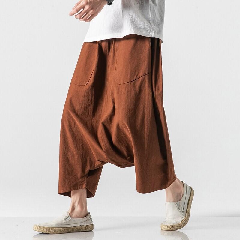 パンツ メンズ 中国風 和風 エスニック 綿麻 サルエル ワイド バルーン ゆったり 股上深め 八分丈 クロップド丈 カジュアル リラックス 春夏 大きいサイズ