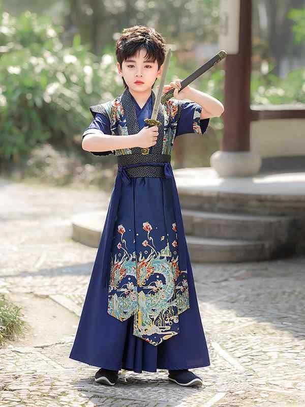 漢服 男の子 春夏 薄手 半袖 唐装 チャイナ服 古風 中国風 時代衣装 ストライプ柄 ソフトタッチ ポリエステル素材 普段着 イベント 発表会 キッズ 民族衣装