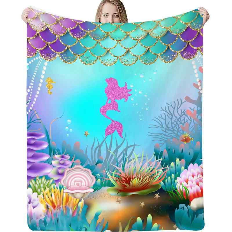 ブランケット キッズ 子供用 人魚 海底 海洋柄 フランネル ポリエステル 毛布 ふわふわ 柔らかい カラフル 寝室 ベッド 昼寝 お昼寝 膝掛け