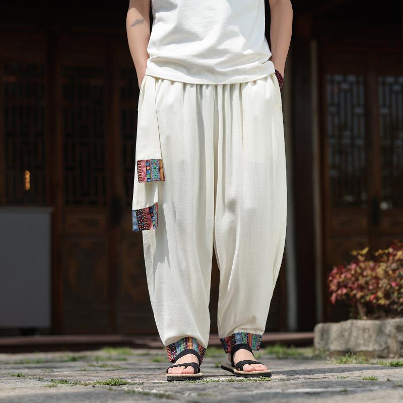 パンツ メンズ 春夏 民族風 レトロ 中華風 綿麻 ゆったり 大きいサイズ テーパード ハーレムパンツ サルエルパンツ カジュアル ダンス 普段使い リラックス 黒 赤 ベージュ