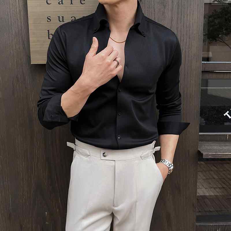 シャツ メンズ 無地 ビジネス カジュアル スリムフィット 長袖 ストレッチ 通気性 吸湿速乾 形態安定 綿混 レギュラーカラー 春秋