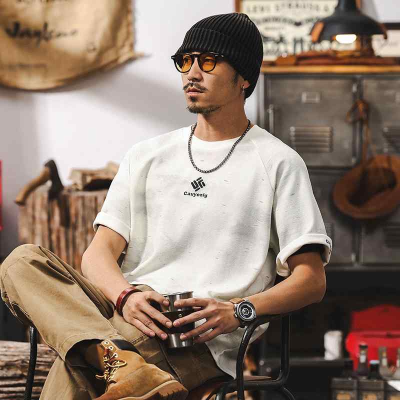 Tシャツ メンズ 接触冷感 ジャカード コームドコットン アメカジ アメリカンヴィンテージ ダメージ加工 アルファベット柄 刺繍 薄手 抗菌 ゆったり オーバーサイズ 半袖 クルーネック ドロップショルダー 普段使い 夏