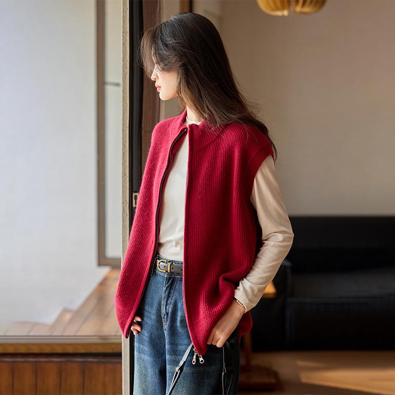 ニットベスト レディース ハイネック カシミヤ 秋冬 ゆったり おしゃれ 上品 通勤 オフィス 普段使い ノースリーブ ダブルジップ ジレ 高級感