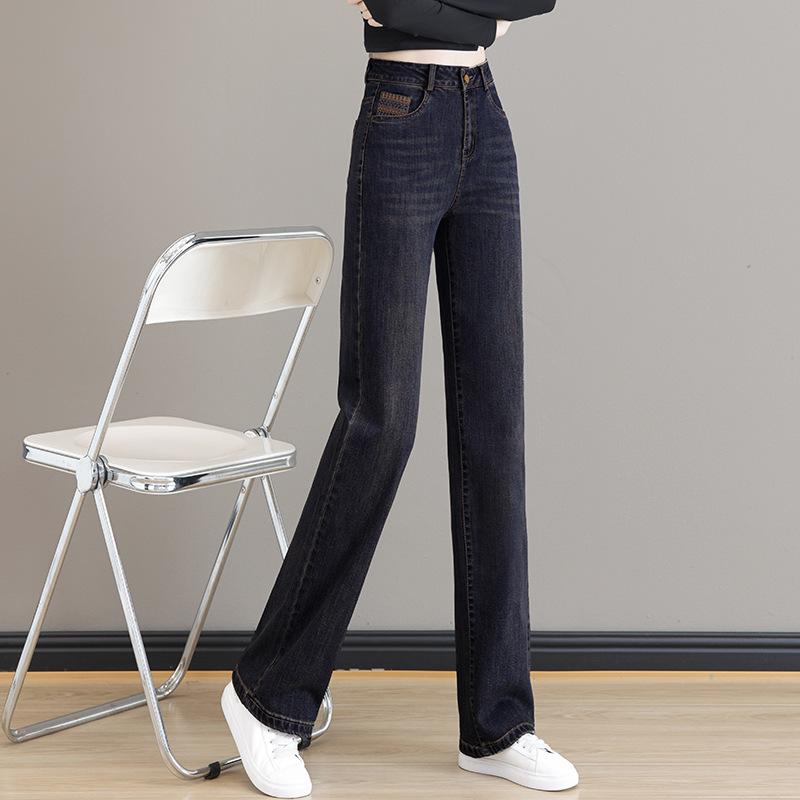 デニムパンツ レディース シンプル 着痩せ 細見え ワイドレッグ ハイウエスト ゆったり ストレートシルエット ポリエステル 微ストレッチ ポケット 通勤 オフィス 普段使い カジュアル ブルー 切り替え 春夏