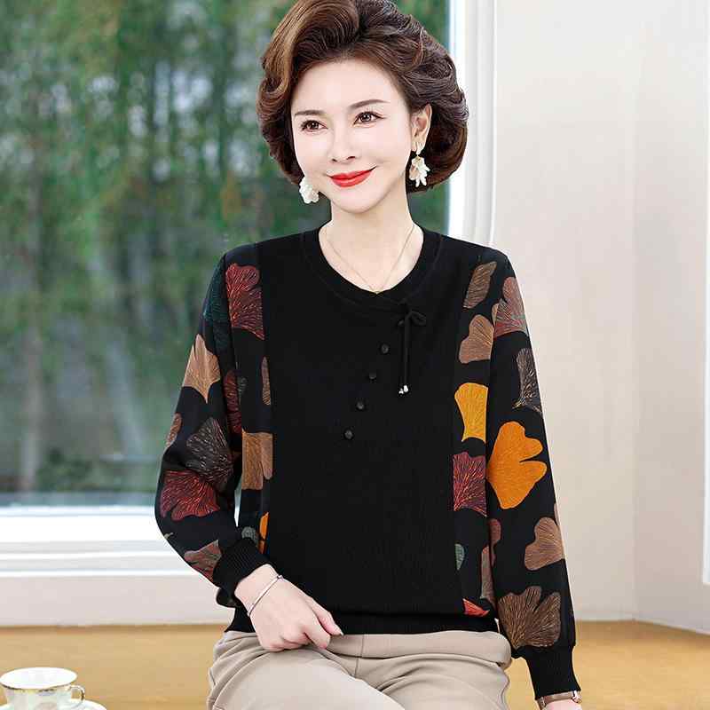Tシャツ カットソー トップス ミセス 女性 長袖 ゆったり 薄手 おしゃれ 上品 エレガント 春秋 メッシュ シアー 幾何学模様 リーフ ストライプ ヒョウ柄プリント