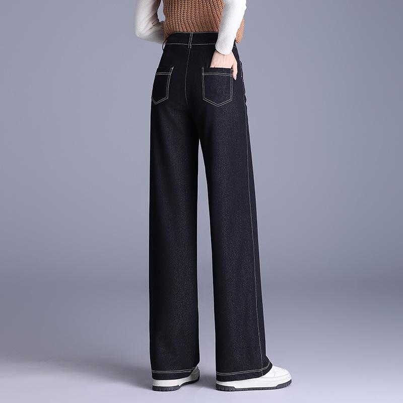 パンツ レディース 秋冬 裏起毛 暖か ロング丈 ハイウエスト 細見え効果 ワイドパンツ ストレートシルエット カジュアル 上品 厚手 無地 ポケット付き ブルー ブラック ポリエステル ストレッチ