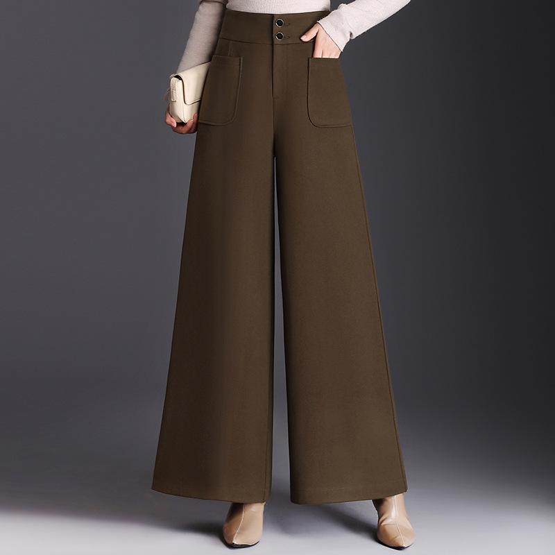 パンツ レディース 冬 ハイウエスト ワイドフレアパンツ ロング丈 ドレープ感 厚手 ウール調素材 ポリエステル ストレッチ 体型カバー 細見え 切り替え 上品 オフィス 通勤 カジュアル ブラック ブラウン レッド