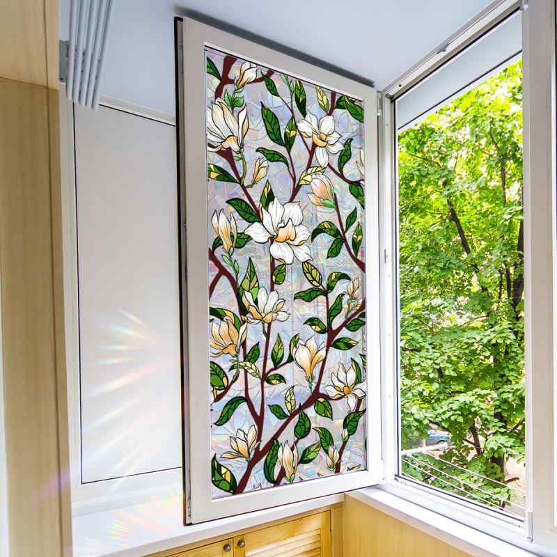 窓用フィルム 飾りシート 植物柄 花柄 カラフル 虹色 静電気吸着シート 両面デザイン 窓ガラス目隠し UVカット プライバシー保護 接着剤不要 PVC素材