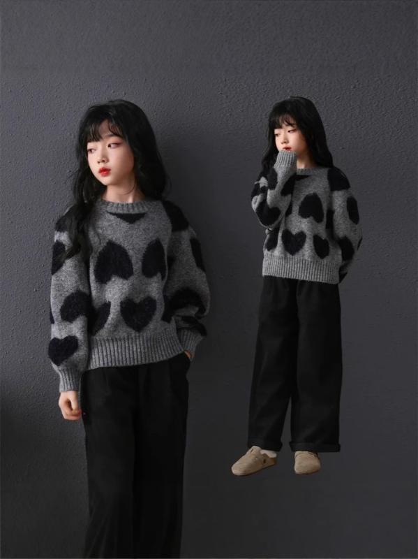 ニット ジュニア 女の子 プルオーバー 秋冬 厚手 長袖 ラウンドネック 綿 ルーズフィット 高級感 ハート柄 ジャガード 韓国風 セーター 普段使い