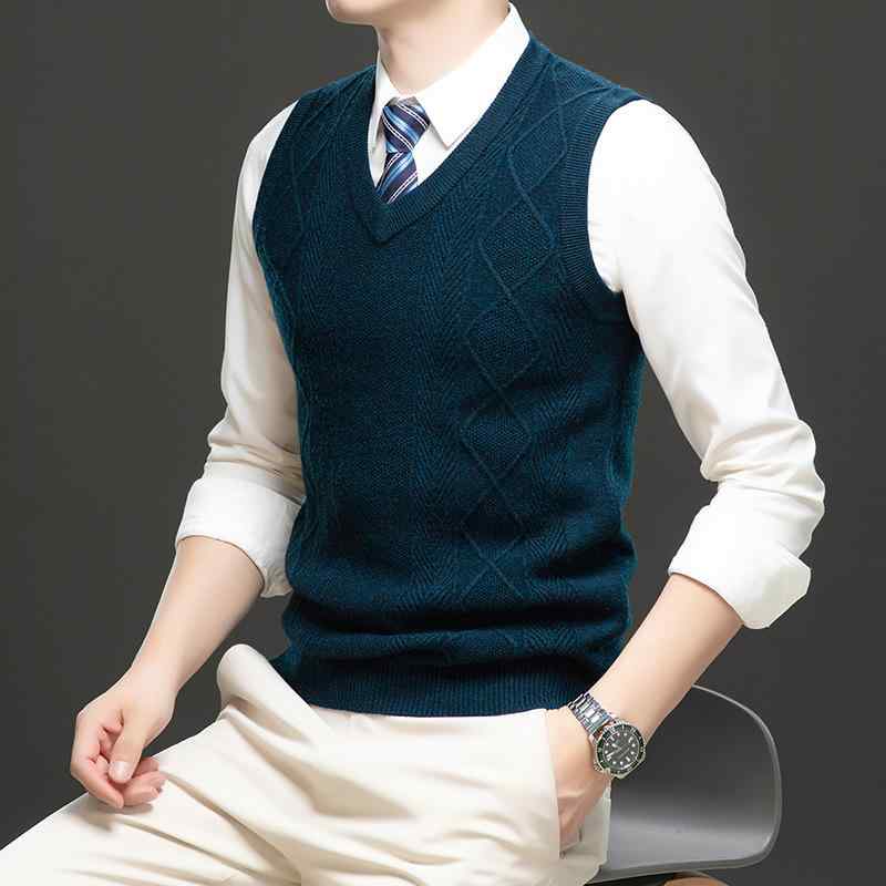ニット 男性用 Vネック ピュアウール ベスト ジレ ウール ノースリーブ ストライプ柄 ビジネス 通勤 オフィス カジュアル 普段使い 秋冬 高級感 ダークグレー ブラウン ネイビー