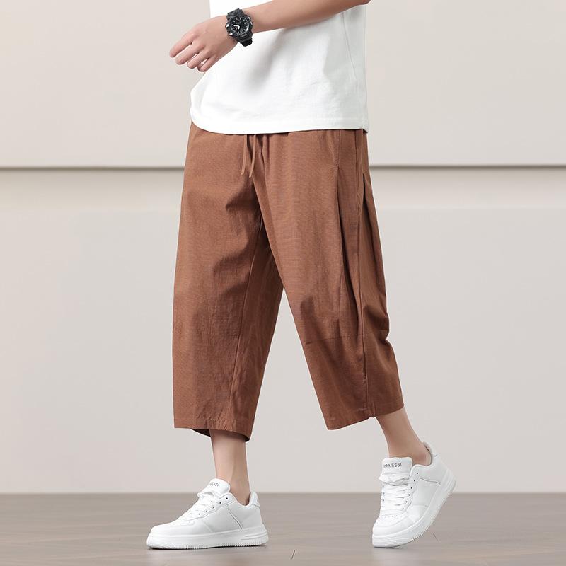 カジュアルパンツ 男性用 春夏 七分丈 クロップド 綿麻 薄手 中国風 ゆったり ワイド サルエル ハーレム 大きいサイズ