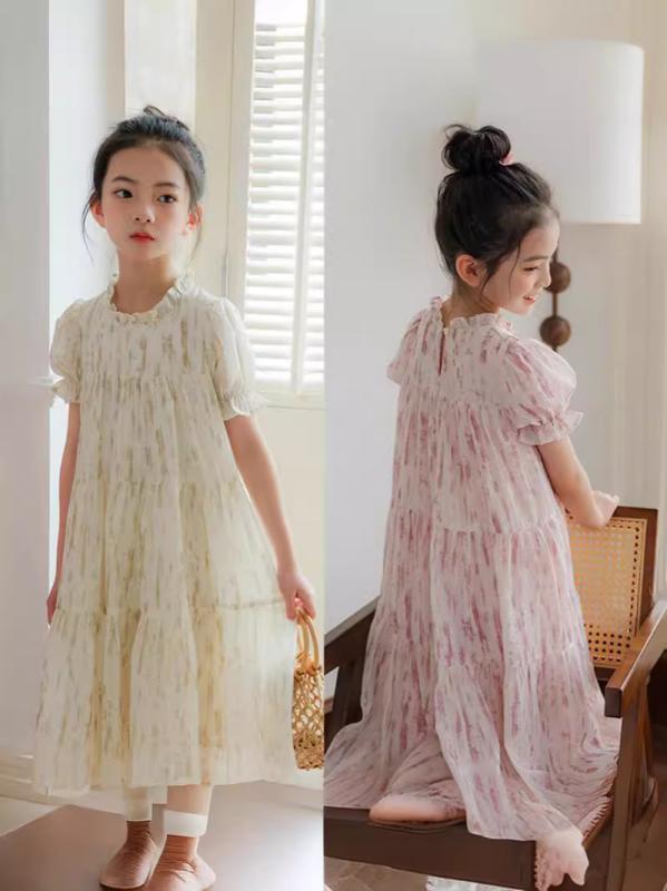 ワンピース ガールズ 小学生 ジュニア 花柄 プリント パフスリーブ プリンセス風 ティアード ロング丈 ドレス 夏 リゾート ビーチ 韓国風 おしゃれ かわいい ポリエステル