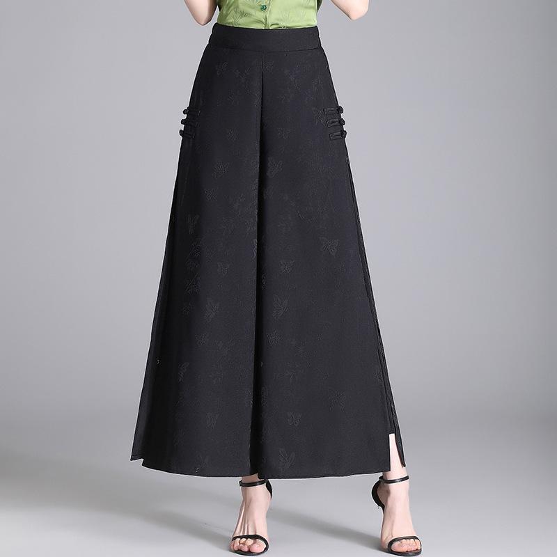 スカートパンツ レディース 新チャイナ レトロ ファッション ブラック ワイド ハイウエスト ロング シンプル 切り替え 細見え スタイルアップ ドレープ ポリエステル ストレッチ 通勤 きれいめ 体型カバー リラックス 春夏