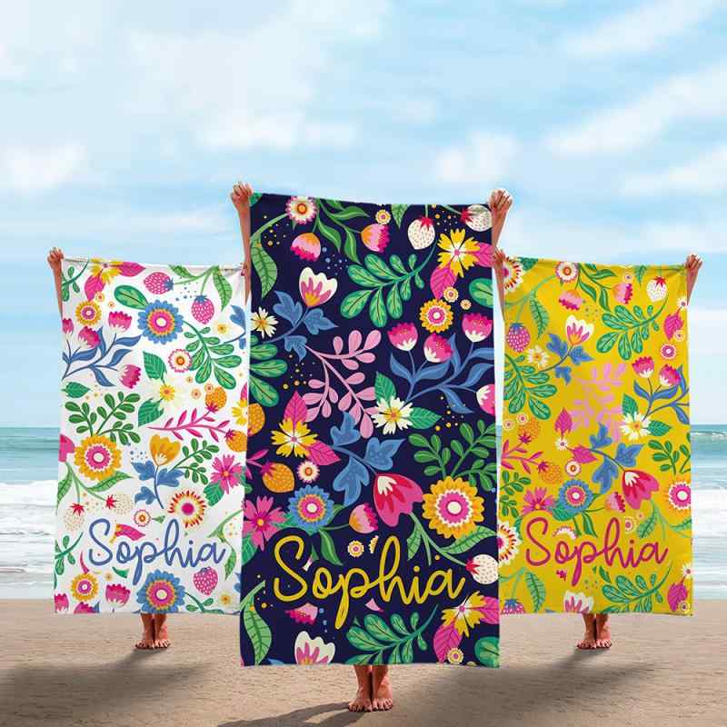 ビーチタオル バスタオル 名入れ カラフル 花柄 リーフ プリント マイクロファイバー 吸水速乾 プール 海水浴 旅行 温泉 白 紺 黄