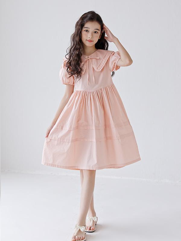 ワンピース キッズ 女の子 フレンチ レース ビッグカラー パフスリーブ ウエストマーク 上品 コットン 春夏 ピンク ショートスリーブ プリンセスライン